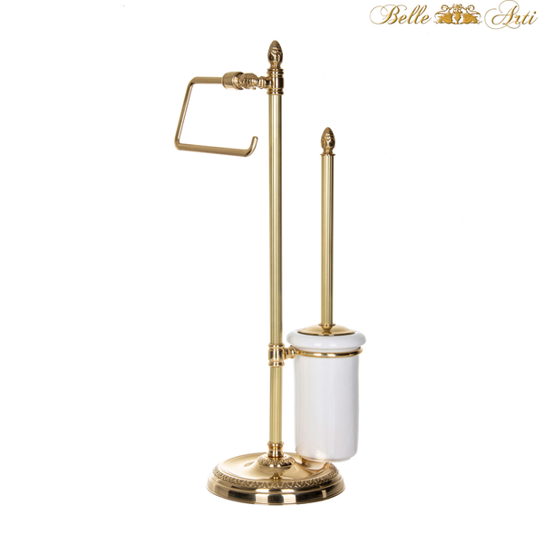 Luxury toilet brush with toilet paper holder antique made of brass and ceramic - standing - gold polished & rustproof