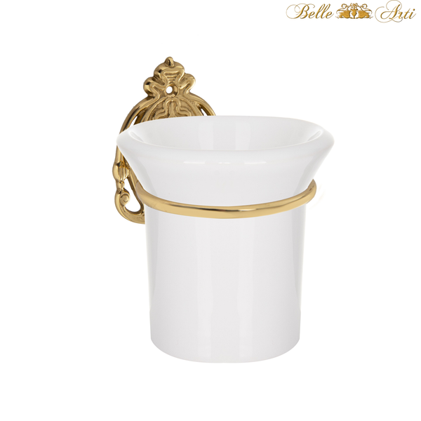 Luxury tumbler with cup holder made of brass and ceramic in white gold vintage style - rustproof