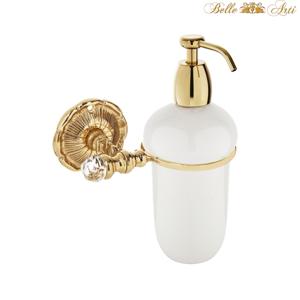 Luxury ceramic soap dispenser with brass wall bracket decorated with crystals - gold polished and rustproof