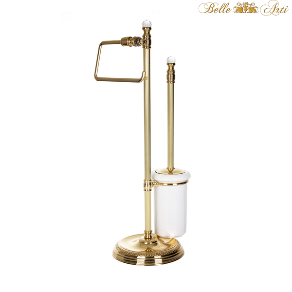 Vintage toilet set toilet brush with toilet paper holder made of brass and ceramic - antique with crystals - standing