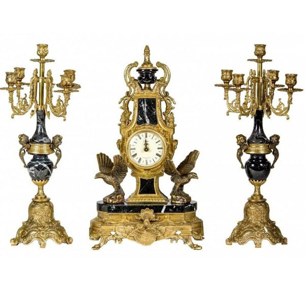 Clock set antique brass & marble