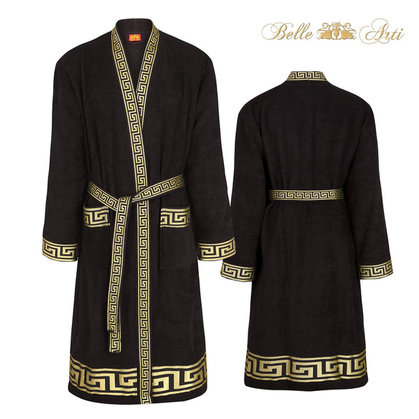 Luxury bathrobe kimono meander in black gold for women & men - 100% cotton