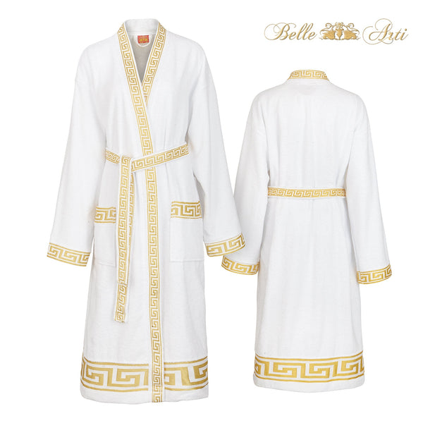 Luxury bathrobe kimono meander in white gold for women & men - 100% cotton