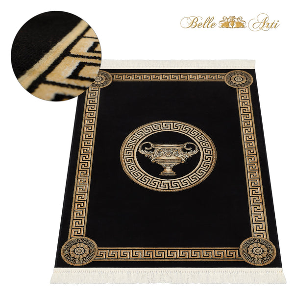 Luxury living room carpet with amphora motif in black gold - 100% viscose - short pile & silky shine
