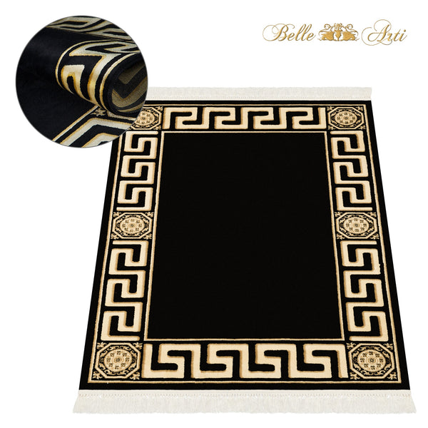 Premium designer carpet black gold with meander motif - 100% viscose & silk gloss