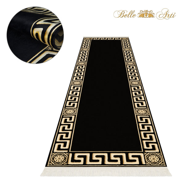 Premium designer carpet runner black gold with meander motif - 100% viscose & silk gloss