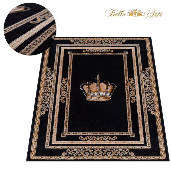 Living room carpet in black and gold with elegant crown motif in Italian design - non-slip & durable