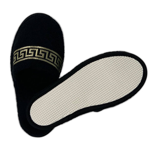 Exclusive hotel slippers black gold meander pattern - Unisex - 100% cotton